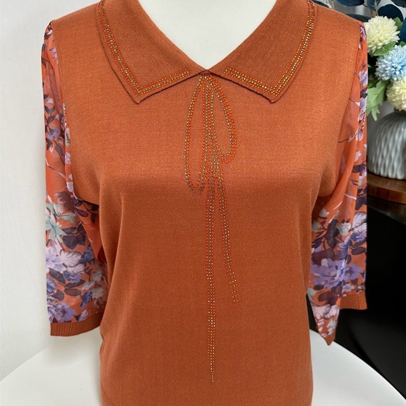 秋天新品薄款纱袖七分袖妈妈装针织翻领宽松套头中老年春季上衣女,女装/女士精品,中老年女装,淘宝优惠券,粉丝福利购,淘宝优惠卷