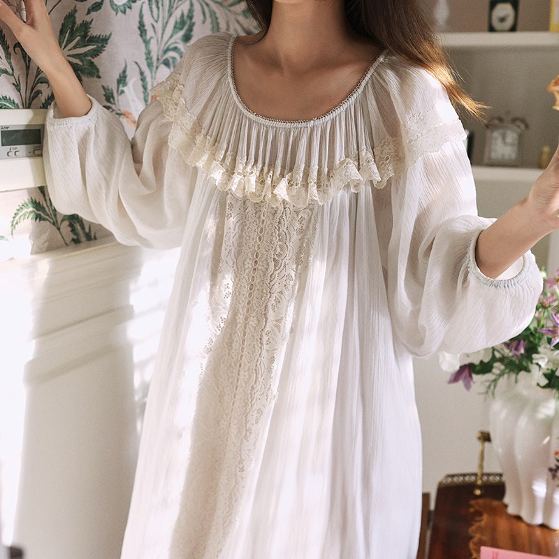 宫廷仙女睡衣春秋2024新款长袖纯棉高级感甜美蕾丝长款睡裙家居服