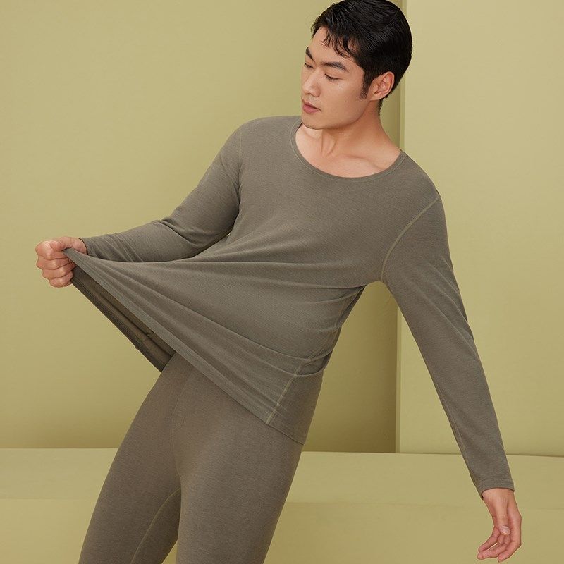 德绒保暖内衣男士套装轻暖科技发热打底青年薄款低领秋衣秋裤秋冬