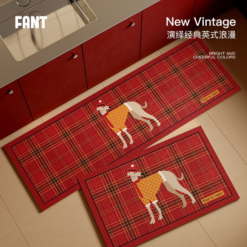 克利弗中古风圣诞新年红色厨房地垫防水防滑防油可擦免洗全铺脚垫