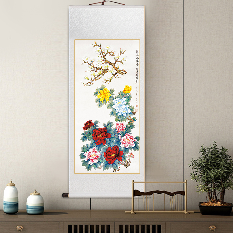 名家富贵牡丹卷轴挂画中式古典花卉客厅装饰画书房茶室壁画玄关画图片