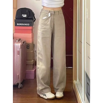 145小个子卡其色牛仔裤女秋季新款高腰直筒阔腿裤梨形身材八分裤8