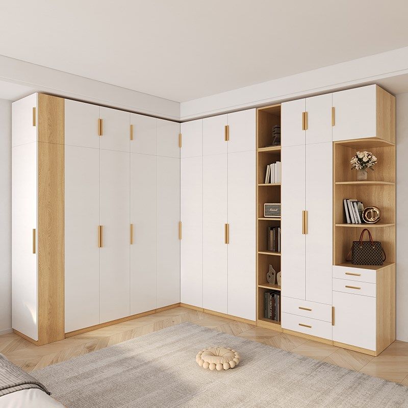 实木L型90度转角衣柜家用卧室书桌一体小户型定制7字拐角衣橱组合