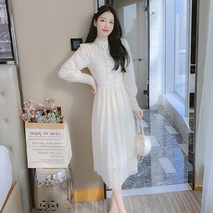 2024年新款高级感气质打底裙冬季加绒加厚蕾丝连衣裙子女装秋冬装