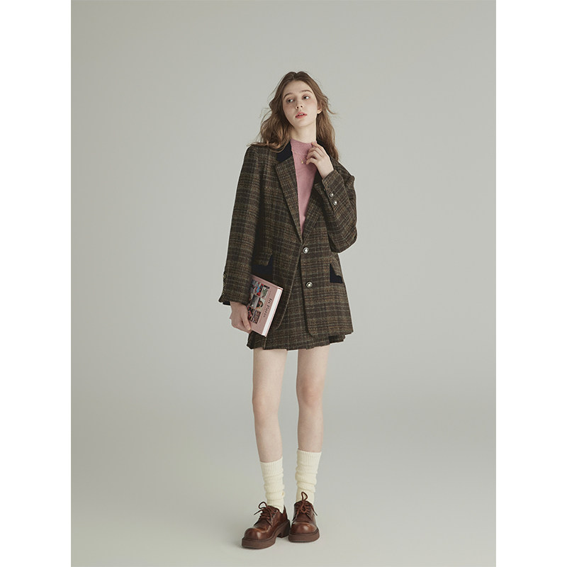 三十三【南约学院】棕色格纹西装外套女学院风a字高腰半身裙套装