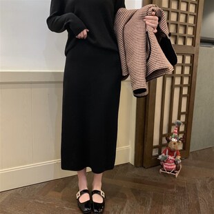 针织半身裙秋冬女中长款包臀不开叉一步裙高腰毛线加厚直筒裙子