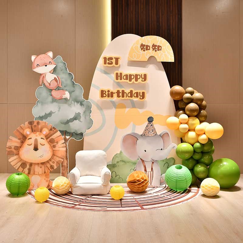 手绘森系场景装饰插画风周岁宝宝百日宴布置满月酒气球背景墙kt板图片