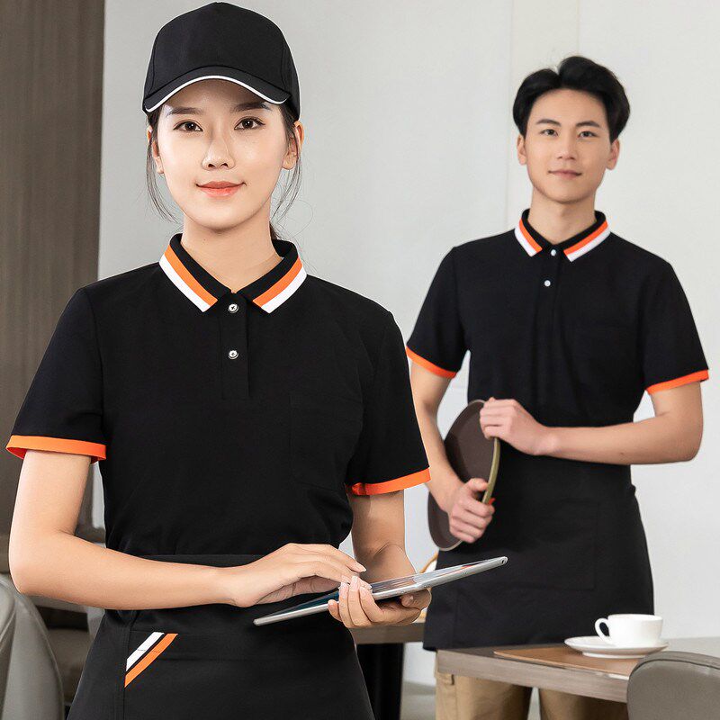 饭店餐饮服务员工作服翻领长袖t恤男女烧烤火锅奶茶春秋卫衣定制