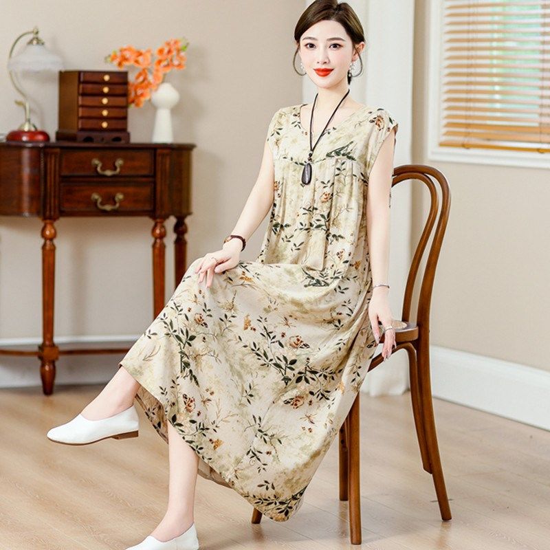 加肥加大无袖棉绸连衣裙夏季过膝长款宽松碎花2024新款中年妈妈装,女装/女士精品,连衣裙,淘宝优惠券,粉丝福利购,淘宝优惠卷