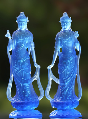 东方三圣日月光菩萨八吉祥琉璃发光底座药师琉璃光如来佛像摆件