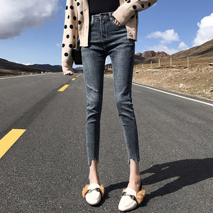 秋冬加绒小个子1米5弹力修身8分牛仔小脚裤女生显瘦显高9分破洞裤