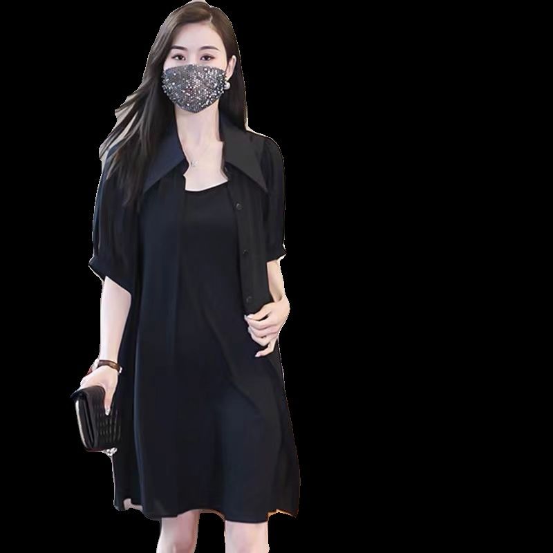 夏季短袖黑色雪纺衬衫领连衣裙套装大码胖MM气质显瘦吊带裙两件套