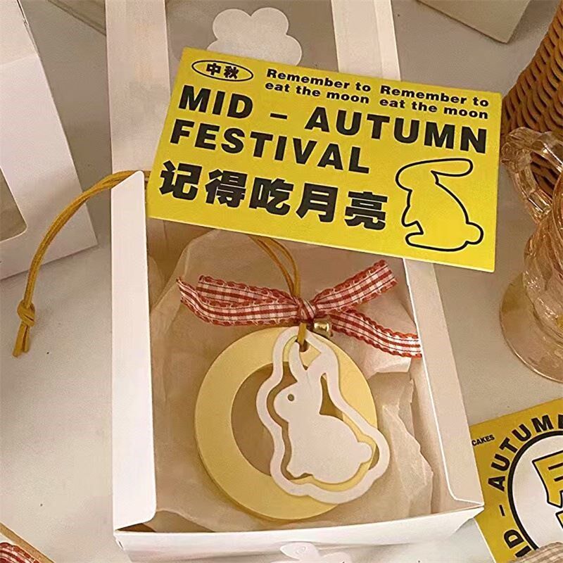 中秋节玉兔吊牌月饼礼盒鲜花装饰小挂件卡通兔子小卡片伴手礼吊卡