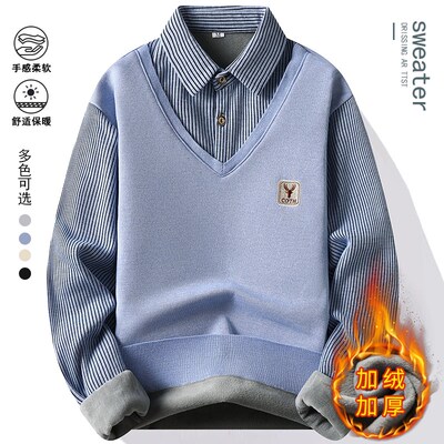假两件毛衣男秋冬季长袖翻领内搭针织打底衫条纹加绒加厚保暖上衣