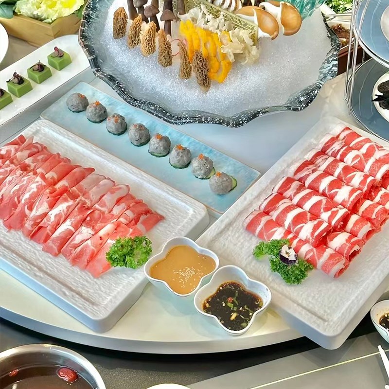 密胺仿瓷黑色磨砂长方盘子火锅店手切鲜肉摆盘烤肉牛羊肉卷菜盘子