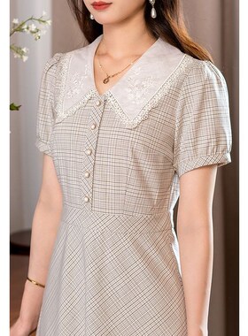 固执夏季新款学院风短袖格子中长连衣裙32922LQ07338