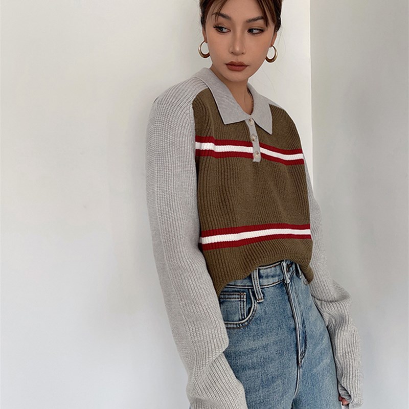 短款polo领针织衫秋冬穿搭长袖条纹拼色上衣内搭打底衫毛衣女