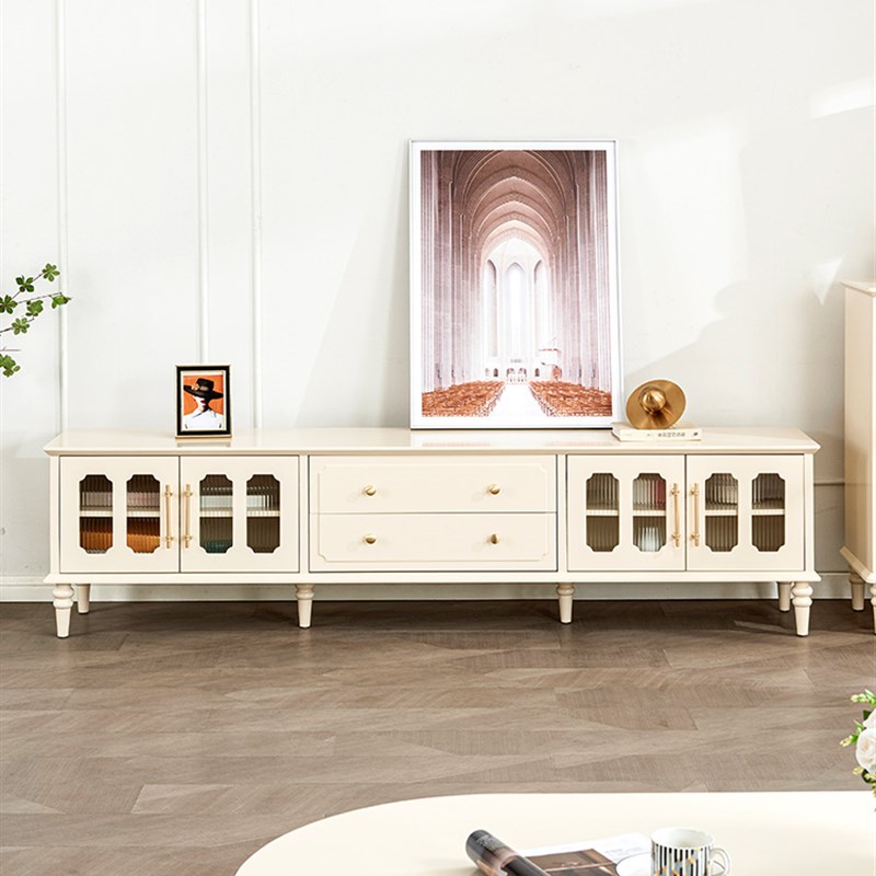 法式奶油风实木电视柜小户型客厅白色茶几电视柜组合家用复古地柜