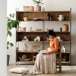 老松木三格书柜侘寂风大型铁艺实木置物柜复古铁艺落地靠墙书架