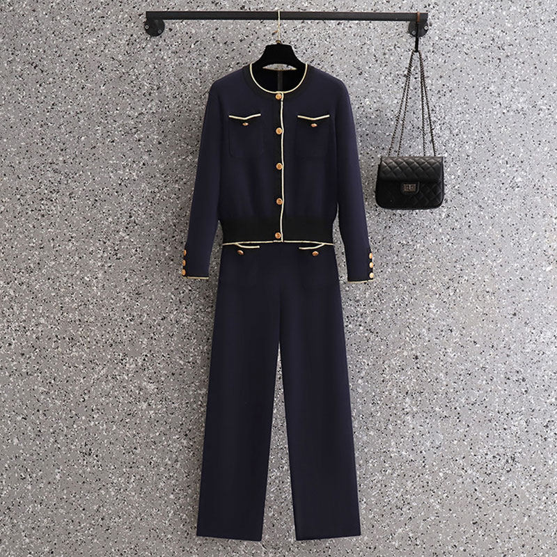 春季新款中年大码女装胖妈妈套装针织开衫直筒裤子遮肚显瘦两件套