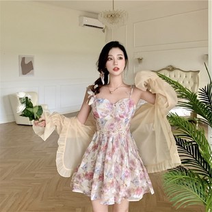 大码女装夏季新款法式甜美粉碎花吊带连衣裙开衫胖mm气质仙女短裙