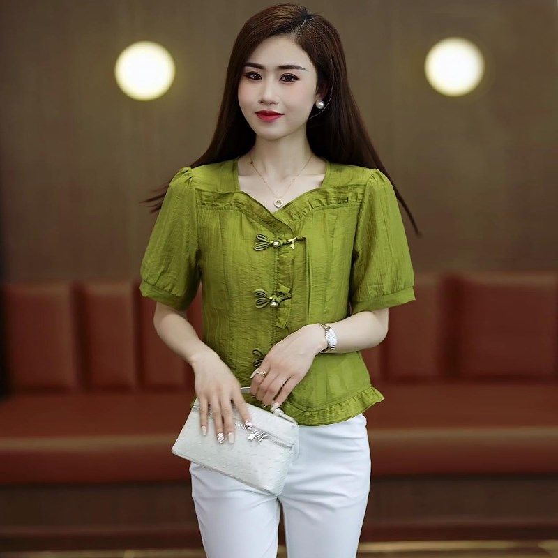 2024夏季新款高级感洋气质短款国风设计盘扣新中式短袖衬衫女上衣