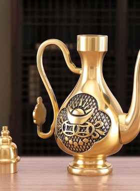 黄铜酒壶财神爷供酒杯纯铜茶壶铜茶杯家用佛前供杯圣水杯招财贡台