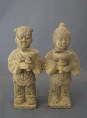 宋越窑金童玉女人物像烛台油灯陶瓷摆件展柜博古架收藏仿古老物件