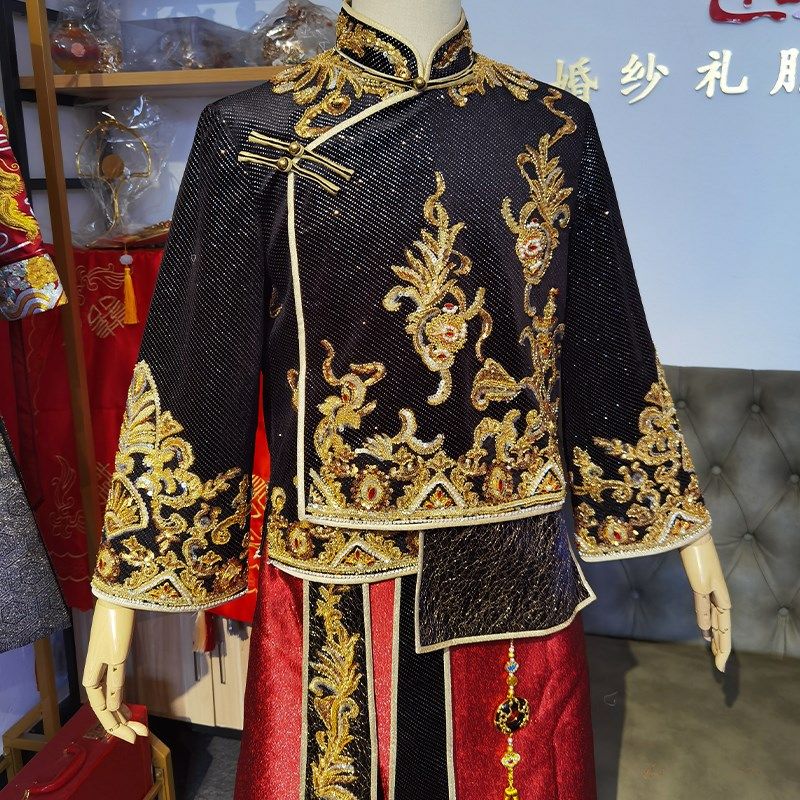 大码奢华质感黑色2023新郎中式婚礼男装长褂儒雅结婚礼服锦鲤,女装/女士精品,秀禾服,淘宝优惠券,粉丝福利购,淘宝优惠卷