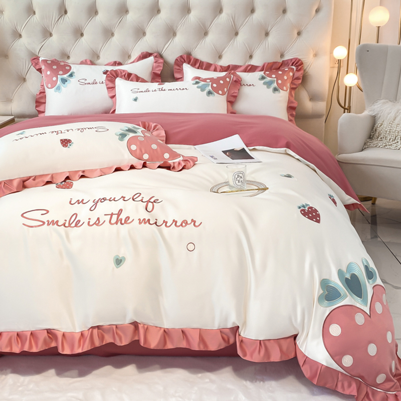 小清新草莓刺绣四件套全棉公主风被套床单纯棉1.8m床笠款床上用品