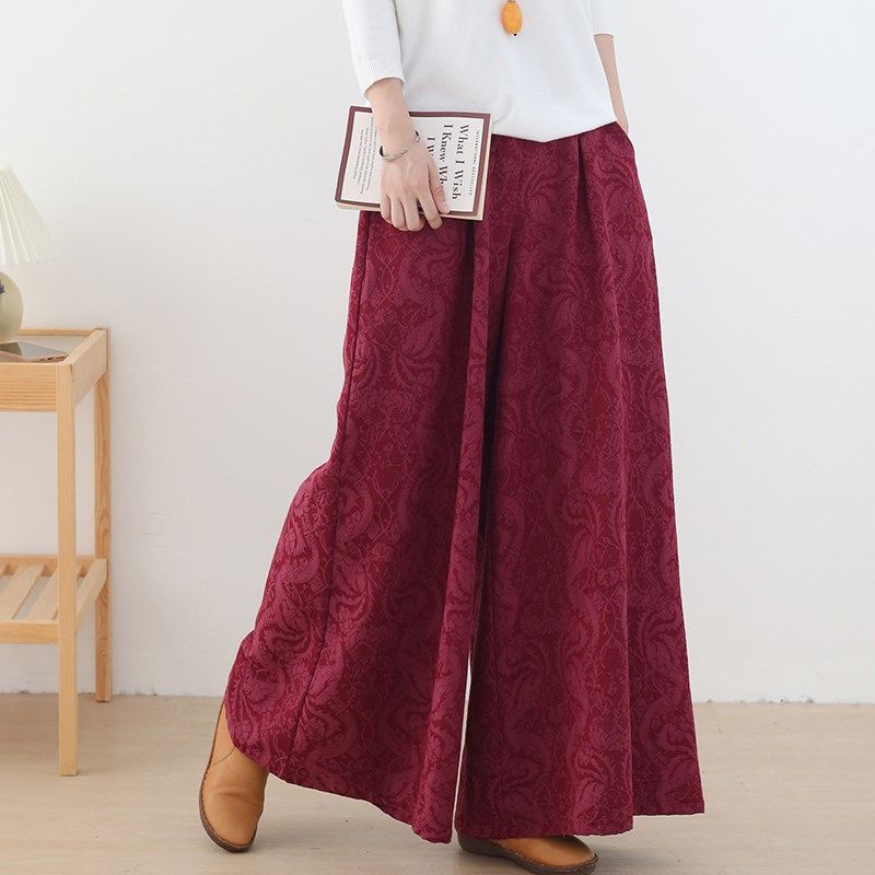 新款2023秋季文艺复古提花加厚棉麻款纯色女式阔腿裤百搭长裤子,女装/女士精品,休闲裤,淘宝优惠券,粉丝福利购,淘宝优惠卷