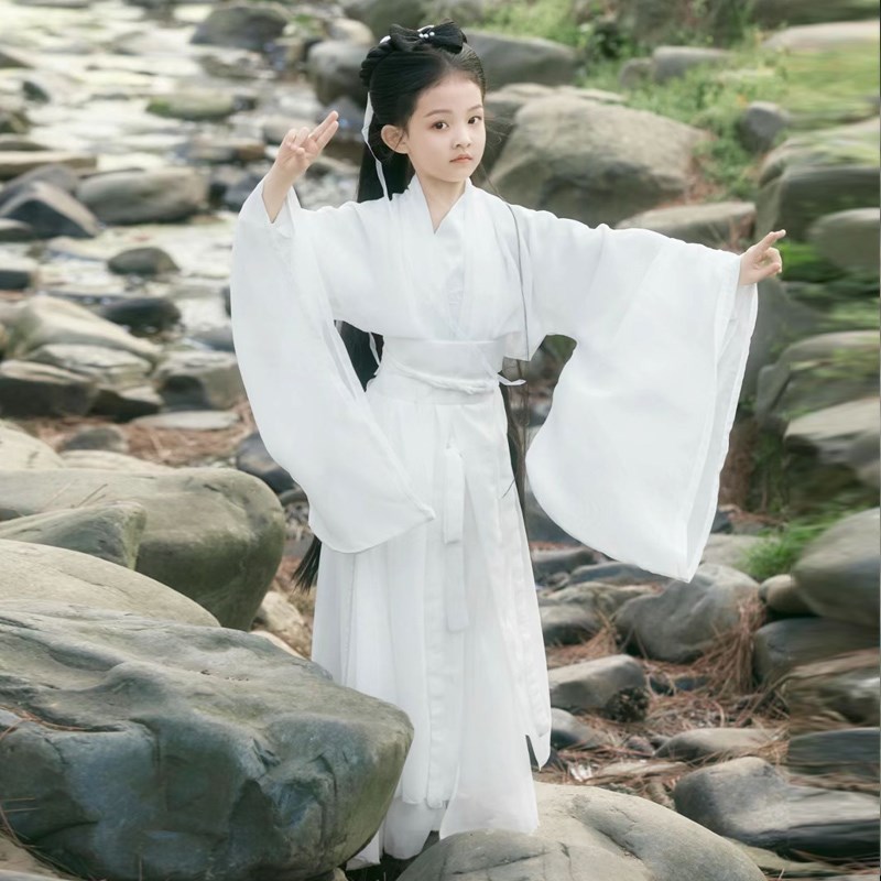宝宝女童汉服夏季改良古风童v装儿童古装演出服魏晋风仙侠白色套