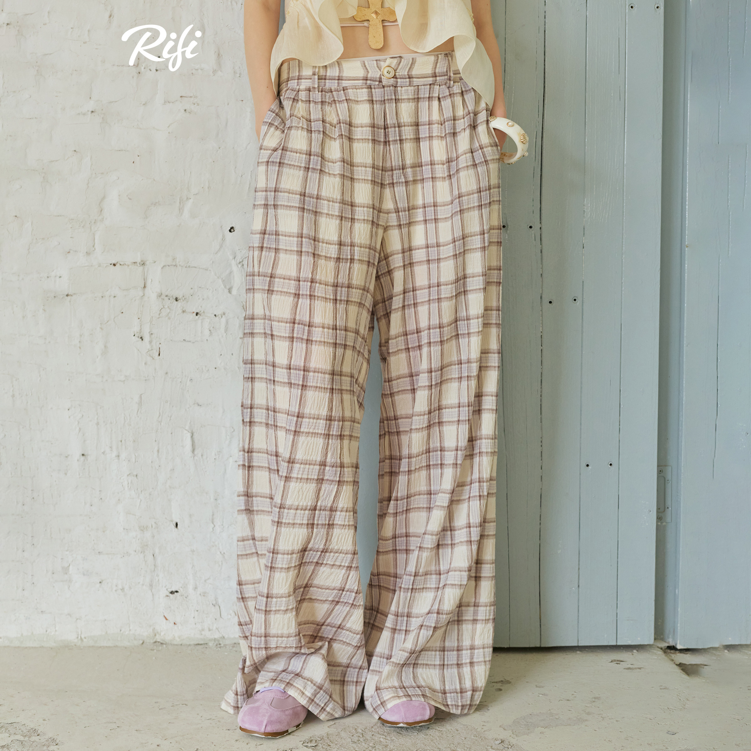 RIFI高腰垂感格子阔腿裤女