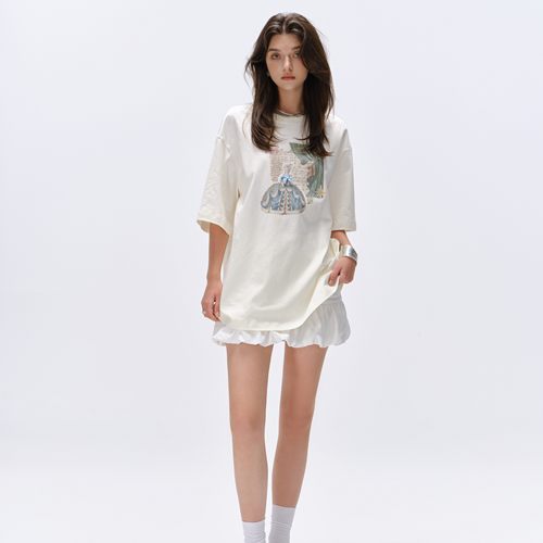 MarcMoore复古立体蝴蝶结纯棉2026春新款宫廷油画少女印花T恤