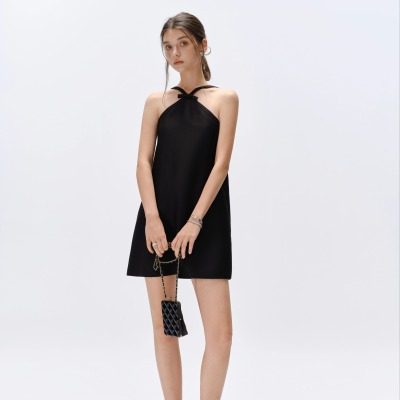 MarcMoore旗舰店夏季新款黑色蝴蝶结A字连衣裙修身气质礼服