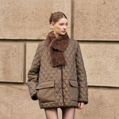 Marc Moore旗舰店冬格纹菱格绗缝可拆卸毛绒领保暖宽松羽绒服女