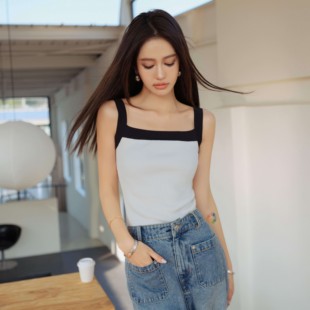 MarcMoore原创新款 背心 黑白波浪领针织吊带百搭显瘦撞色无袖