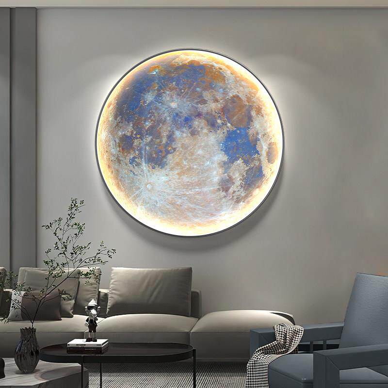 现代轻奢月球星球玄关卧室圆形装饰画客厅沙发背景墙led灯墙壁画