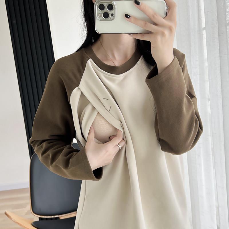 产后哺乳衣春秋外出穿辣妈款哺乳上衣T恤哺乳期秋冬款内搭打底衫