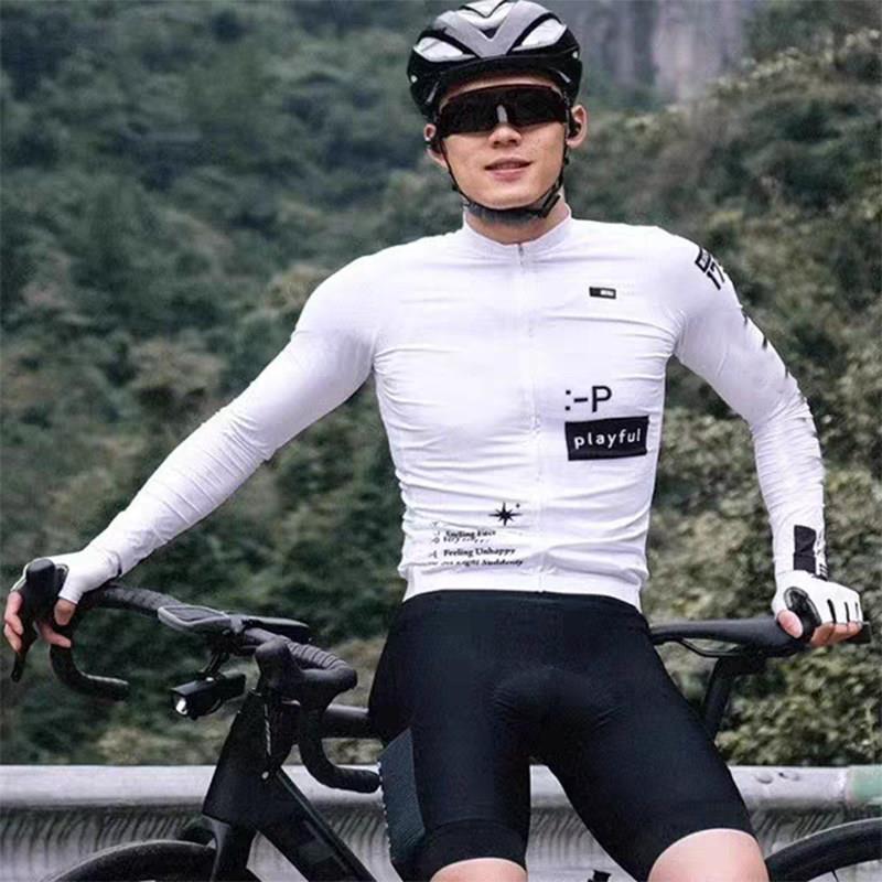 红书爆款自行车长袖骑行服白色男女速干透气公路车上衣吸汗速干服
