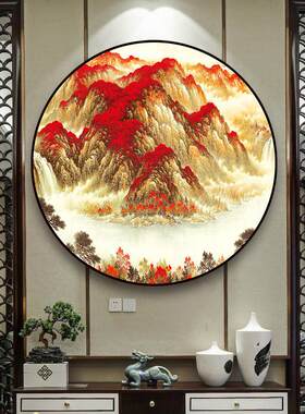 纯手工十字绣成品鸿运当头山水风景画圆形小幅客厅玄关餐厅装饰画
