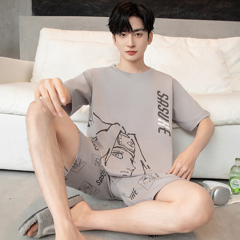 男款睡衣夏季纯棉短袖短q裤薄款青少年学生卡通动漫家居服加肥大图片