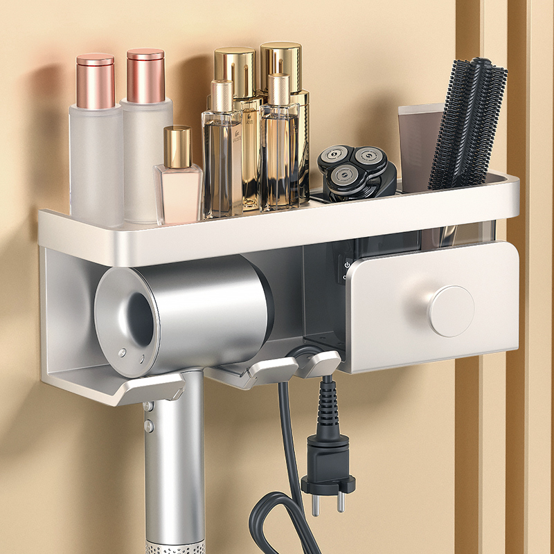 奶油白色吹风机置物架免打孔化妆室吹风机挂架吹风机支架浴室收纳