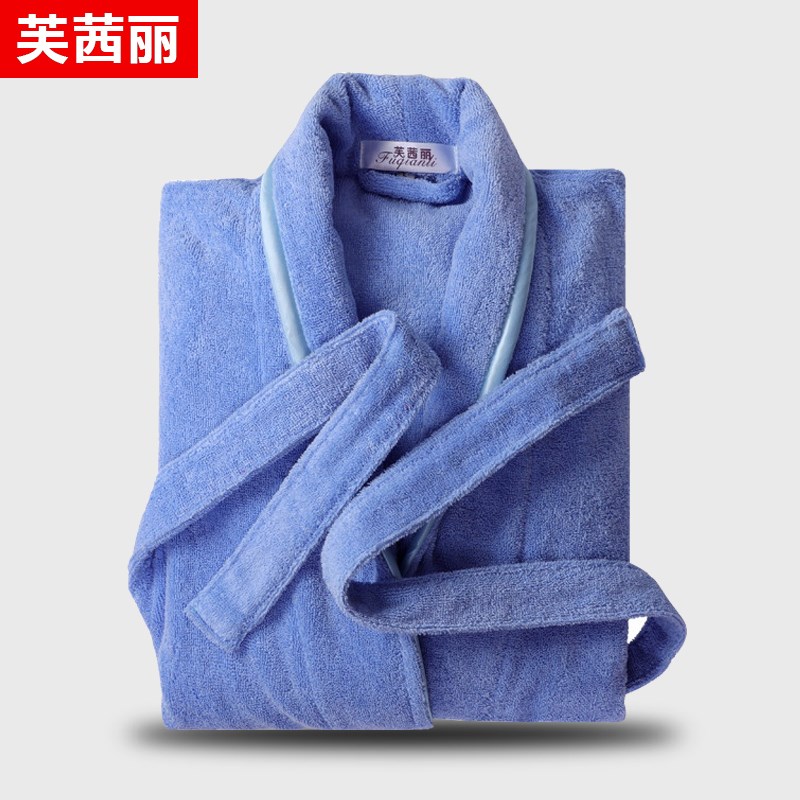 四季100%纯棉毛巾料男女通用睡袍超强吸水纯色镶边浴袍中长款睡衣