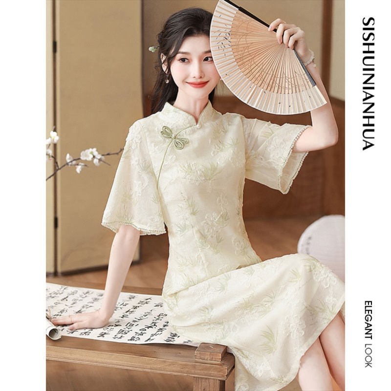 薄荷绿新中e式旗袍改良连衣裙女2024夏季气质国风端庄印花中长款图片