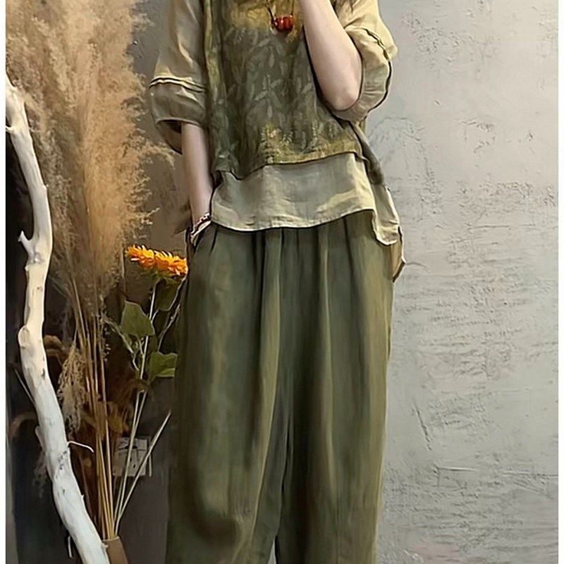 时尚棉麻套装女夏季新款印花拼接假两件上衣哈伦裤修身显瘦两件套,女装/女士精品,时尚套装,淘宝优惠券,粉丝福利购,淘宝优惠卷