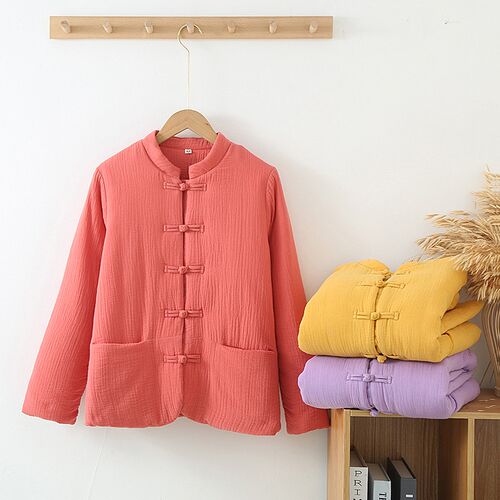 新中式盘扣棉袄女夹棉保暖睡衣秋冬纯棉加厚家居服长袖上衣可外穿