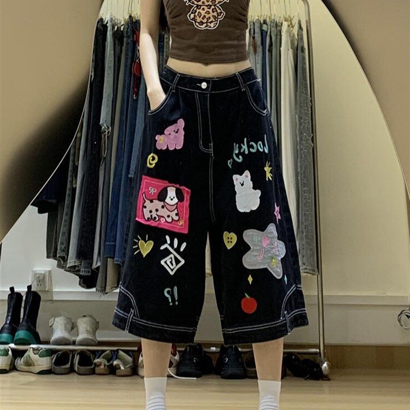 超大尺寸肥胖毫米减少年龄的多功能卡通印花直牛仔短裤为妇女黑色,女装/女士精品,大码裤装,淘宝优惠券,粉丝福利购,淘宝优惠卷