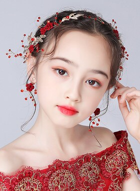 儿童头饰红色玫瑰花女童发饰宝宝生日配饰花童耳环女孩演出饰品