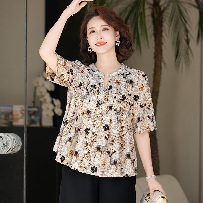 2025新款中老年夏季大码短袖上衣女妈妈装夏套装气质减龄雪纺小衫,女装/女士精品,中老年女装,淘宝优惠券,粉丝福利购,淘宝优惠卷